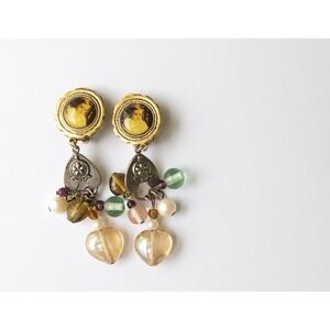 Vintage Victorian Baby Photo Earrings Dangle Drop Heart Charms Clip On Backs